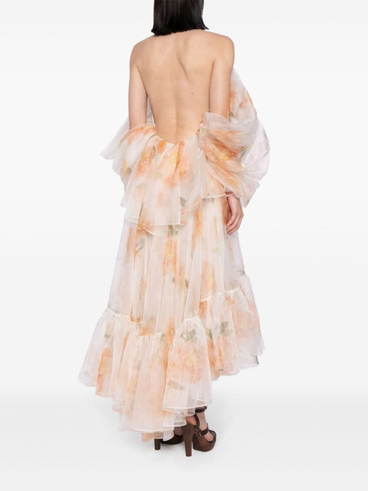 Floral - Print Organza Halter Neck Maxi Dress