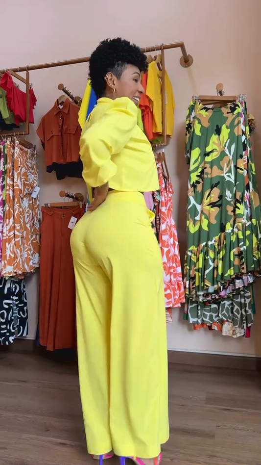 Bright Yellow Crop Top and Flared Pants Set