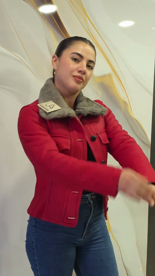 Red Cropped Jacket with Faux Fur Collar and Lining