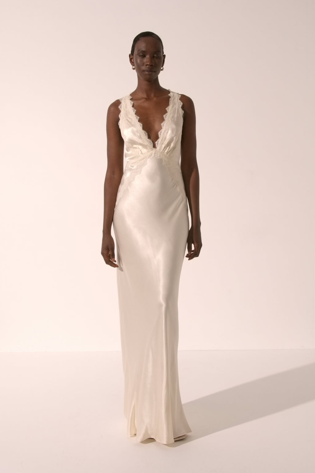 White Satin Maxi Dress with Lace Trim