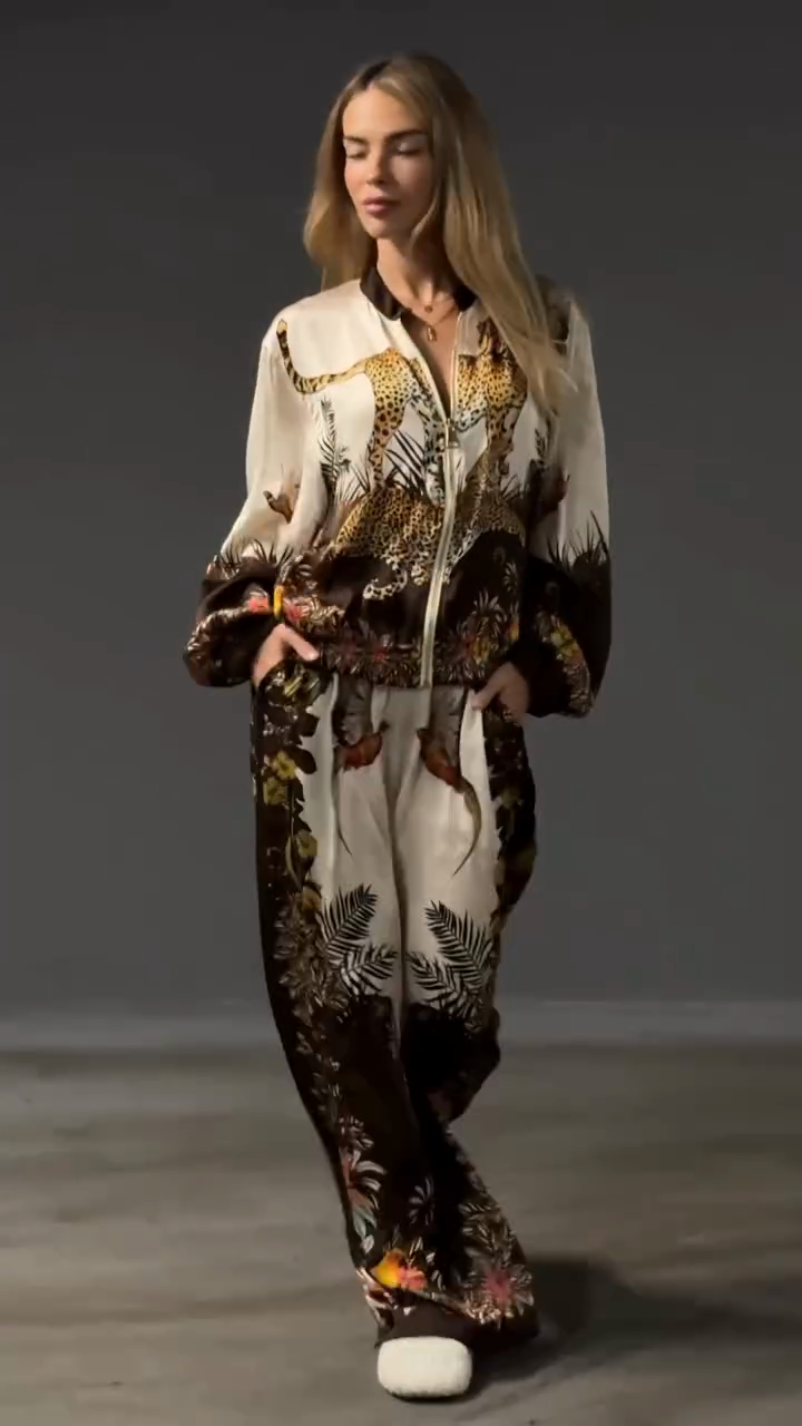 Jungle - Print Bomber Jacket and Wide - leg Pants Set