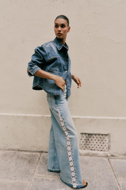 Light Blue Wide - Leg Jeans with Lace Trim