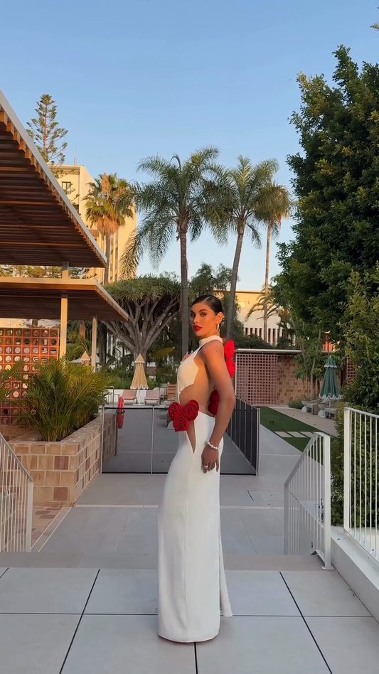 White Halter - Neck Cut - out Maxi Dress with Red Rose Embellishments