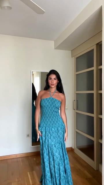 Blue Printed Halter Neck Layered Maxi Dress