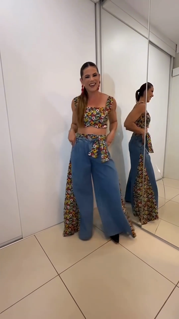 Floral Crop Top and Wide - Leg Denim Pants Set