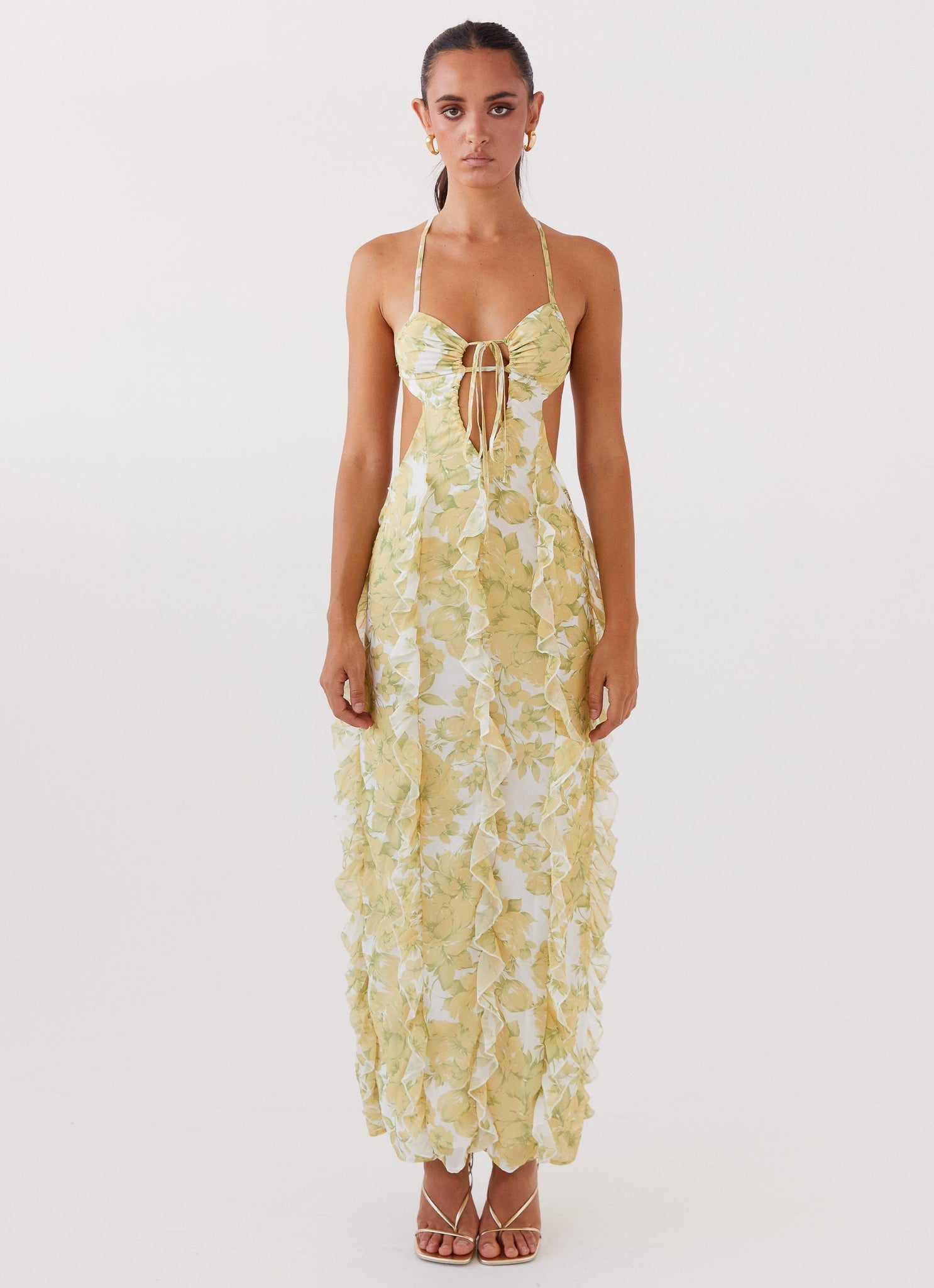 Yellow Floral Halter Neck Cut - Out Maxi Dress