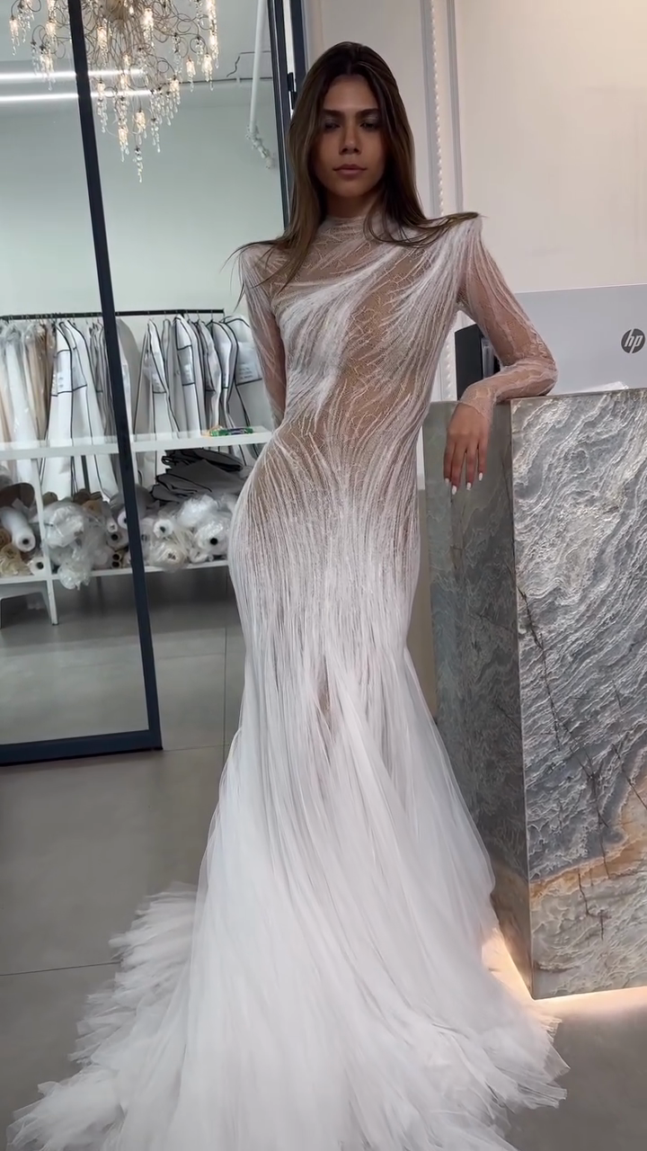 White Sheer Long - Sleeve Mermaid Gown
