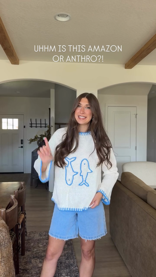 White Knit Sweater with Blue Dolphin Design