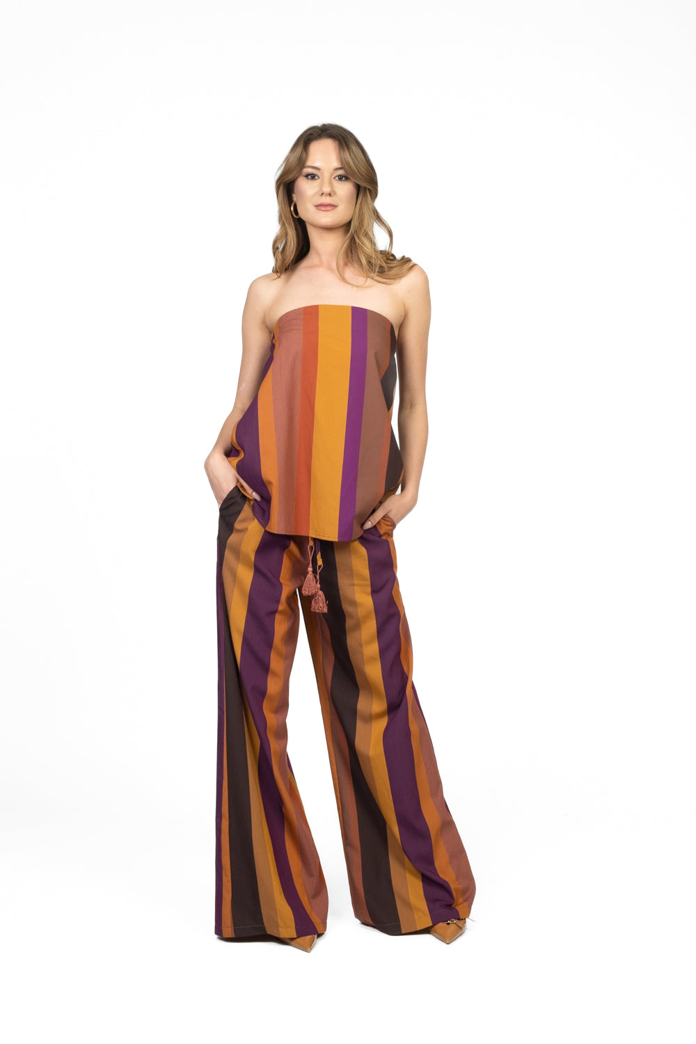 Colorful striped off-the-shoulder top and wide-leg pants set