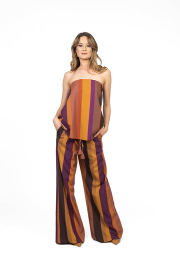 Colorful striped off-the-shoulder top and wide-leg pants set
