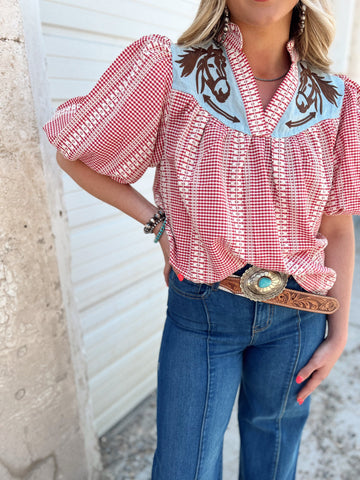 Western - Style Gingham Puff - Sleeve Top