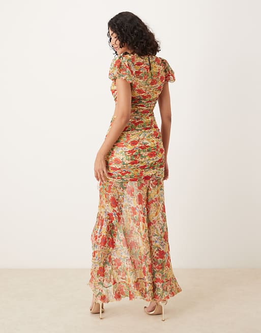 Floral Print Cut - Out Maxi Dress