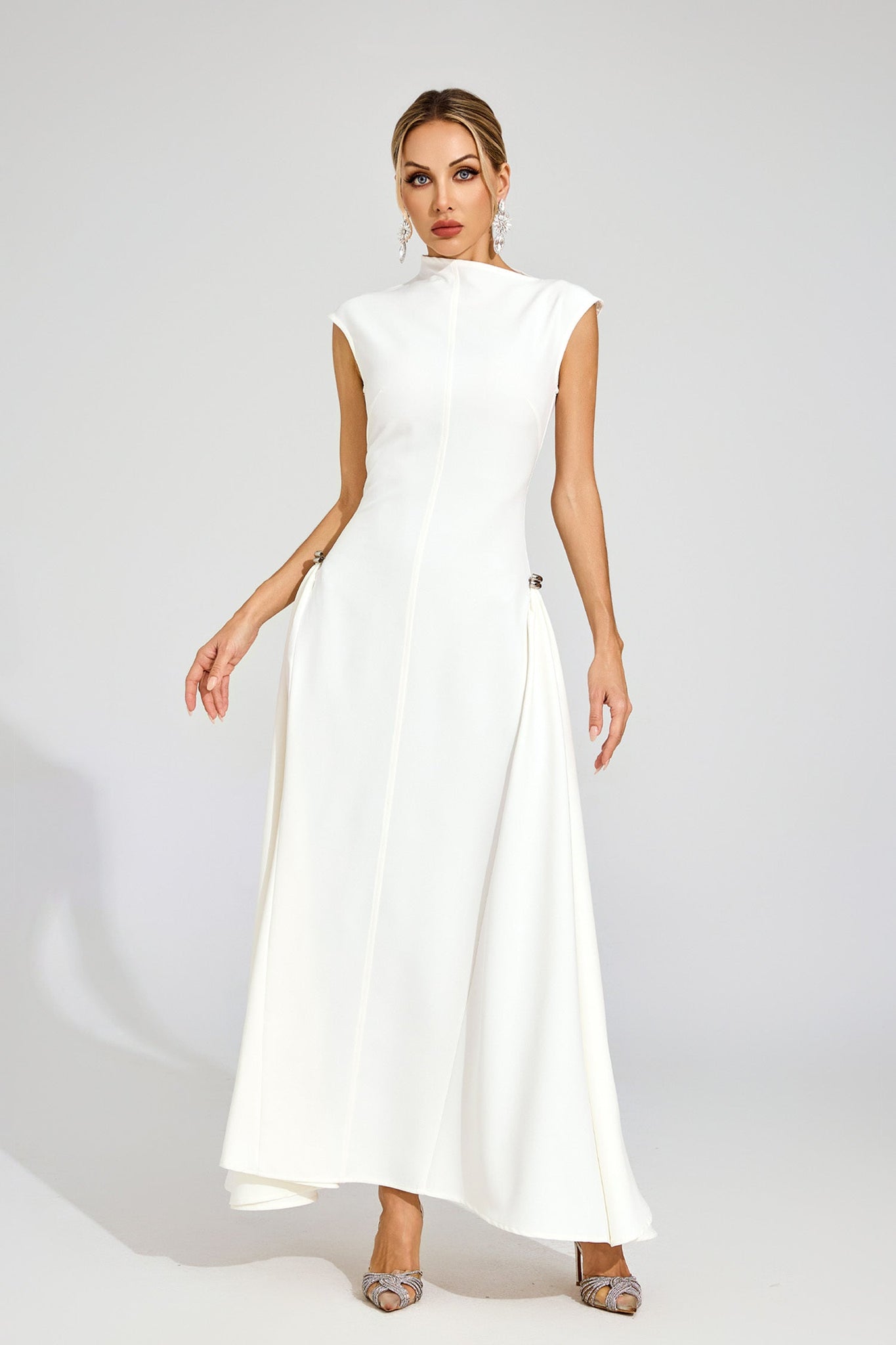 White High - Neck Maxi Dress with Side Details