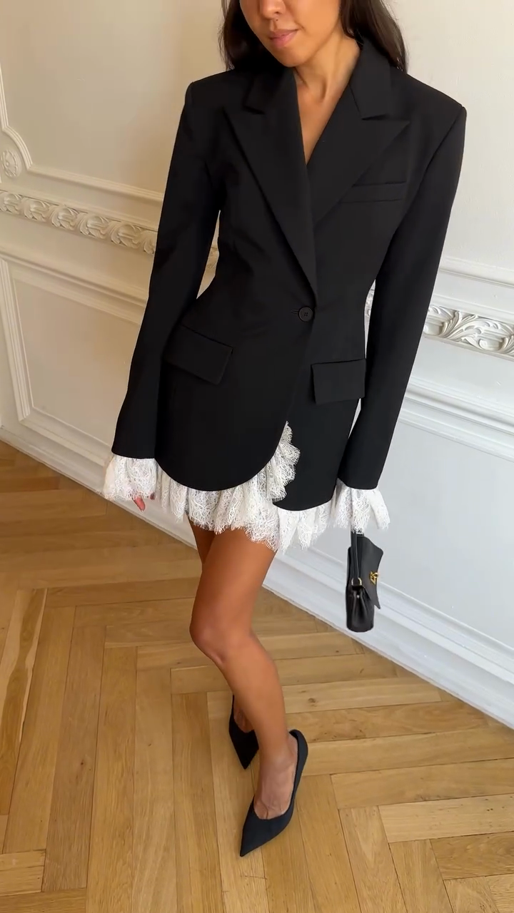 Black Blazer Dress with White Lace Trim