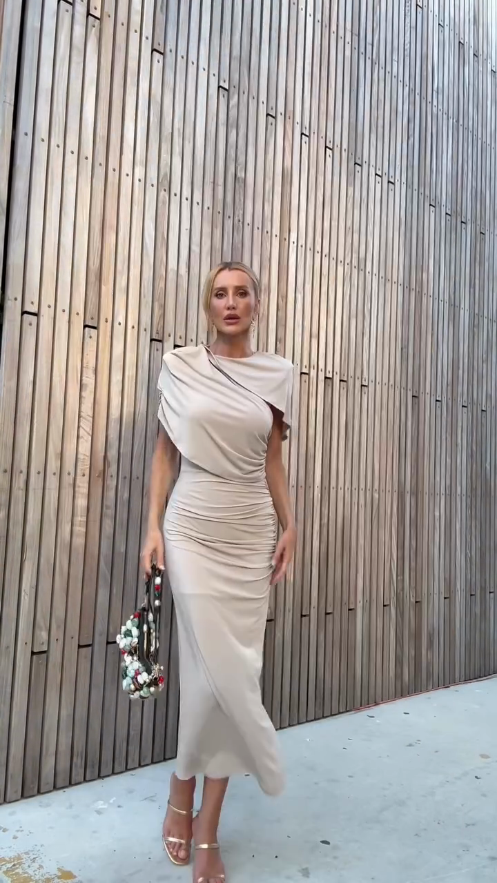 Beige Asymmetric Ruched Midi Dress