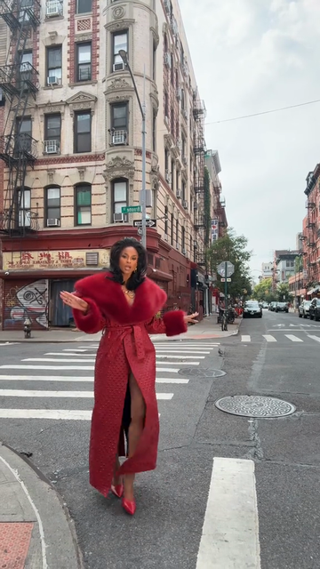 Red Studded Fur Trimmed Coat