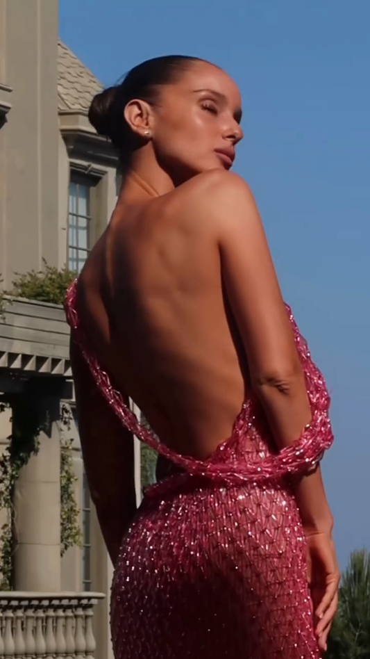 Pink Sequined One - Shoulder Slit Gown