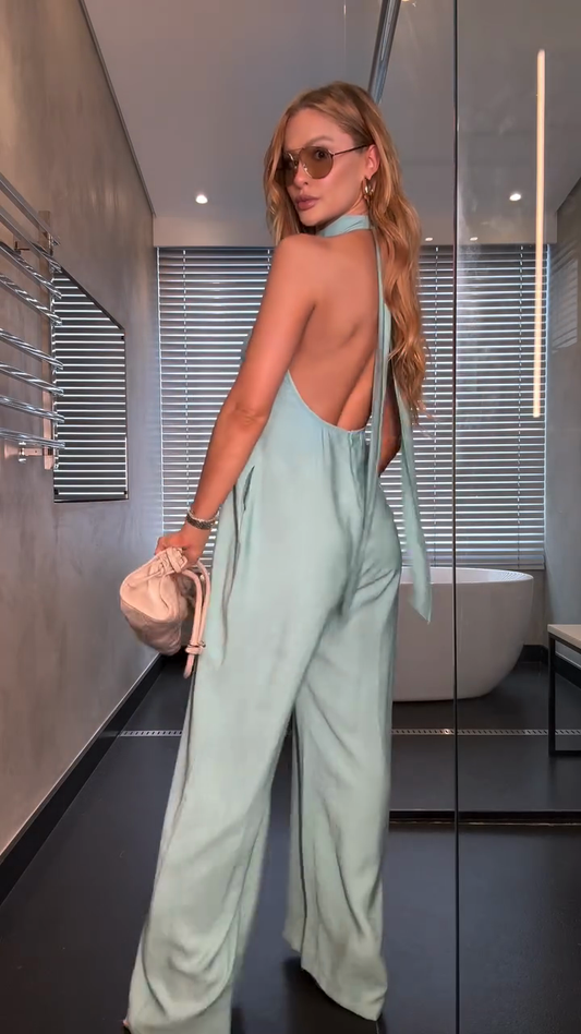 Satin Halter Neck Wide - Leg Jumpsuit