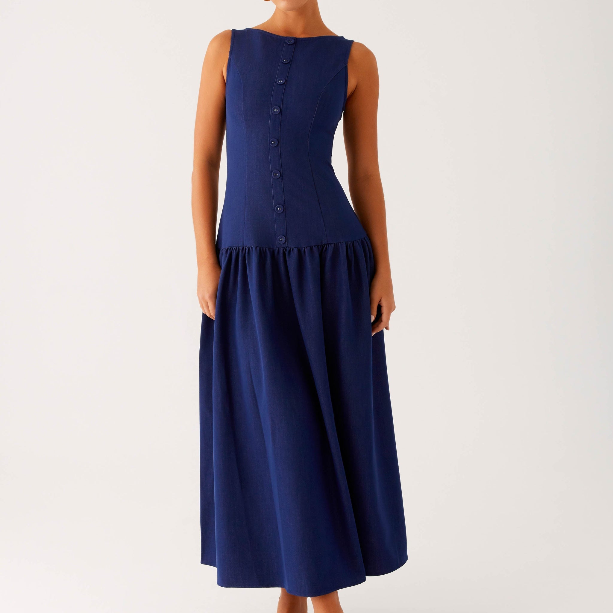 Navy Blue Sleeveless Button - Front Midi Dress