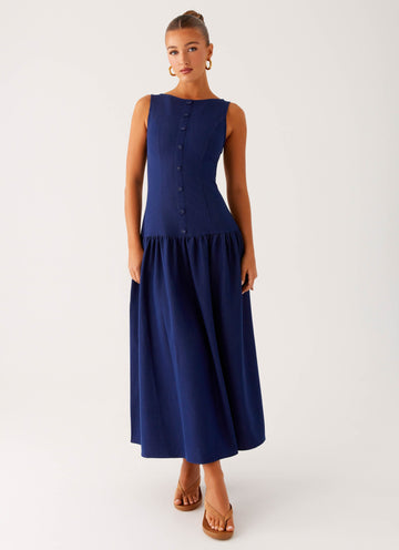 Navy Blue Sleeveless Button - Front Midi Dress