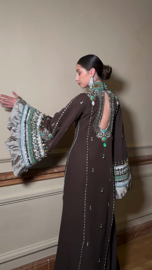 Brown Embellished Maxi Dress with Bell Sleeves