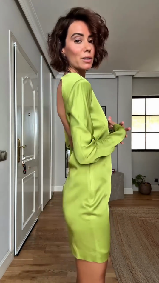 Lime Green Satin Long - Sleeve Mini Dress