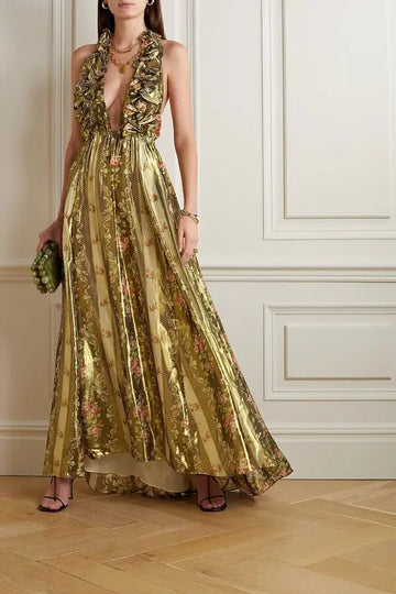 Duffled Floralprint Halterneck Maxi Dress