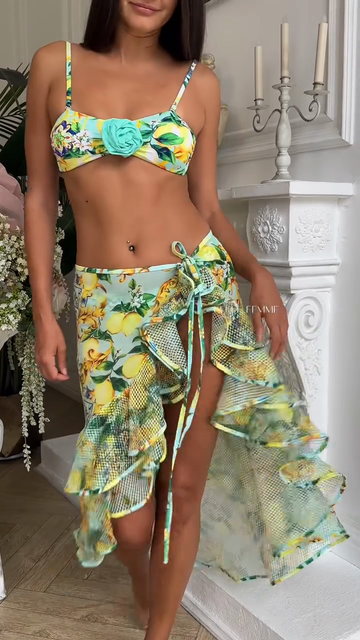 Lemon Print Bikini Top & Mesh Sarong Set