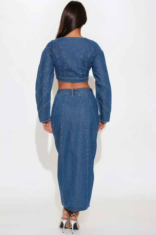 Denim Crop Jacket & Slit Midi Skirt Set