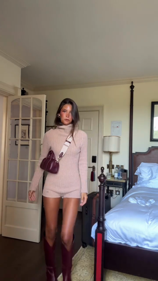 Beige Turtleneck Knit Jumpsuit