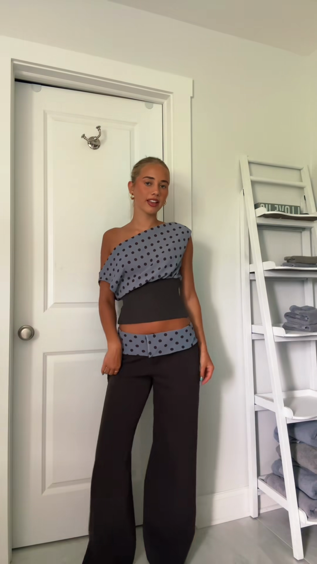 Polka Dot One - Shoulder Crop Top and Wide - Leg Pants Set