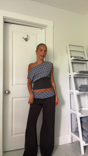 Polka Dot One - Shoulder Crop Top and Wide - Leg Pants Set