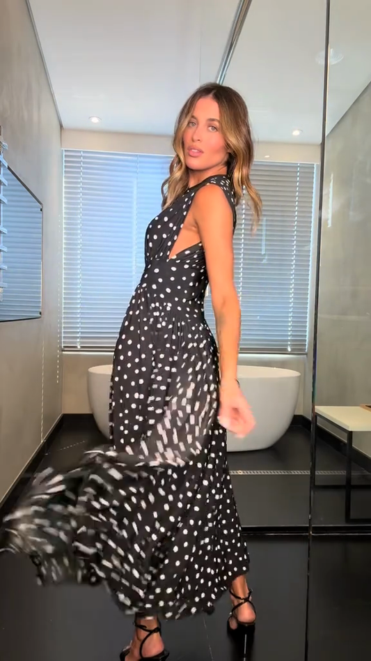 Black Polka Dot Sleeveless Maxi Dress with Side Slit