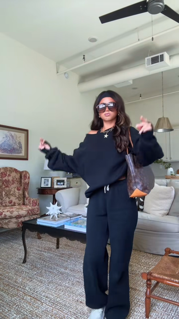 Black Off - the - Shoulder Sweater and Wide - Leg Pants Set