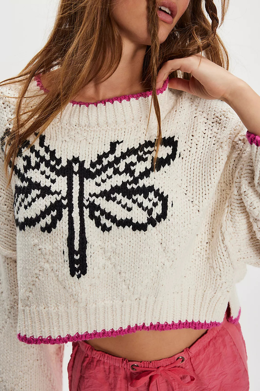 White Cropped Knit Sweater with Dragonfly Design