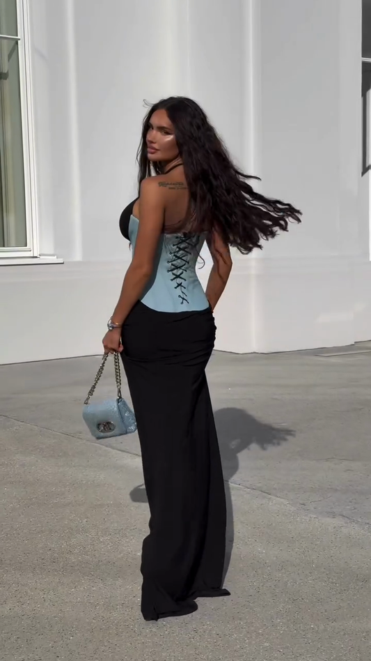 Black Halter Neck Maxi Dress with Blue Corset Detail