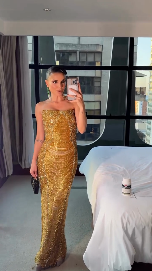 Gold Beaded Strapless Maxi Dress