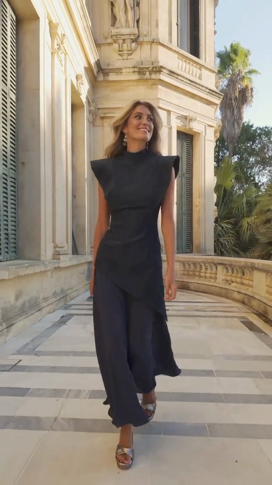 Navy Blue High - Neck Asymmetric Maxi Dress
