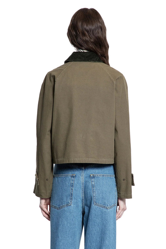 Olive Green Cropped Jacket with Corduroy Collar