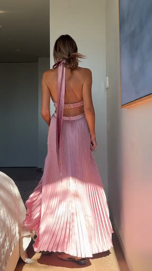 Pink Pleated Halter Maxi Dress