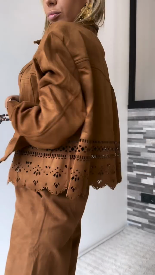 Brown Suede Embroidered Jacket with Matching Pants