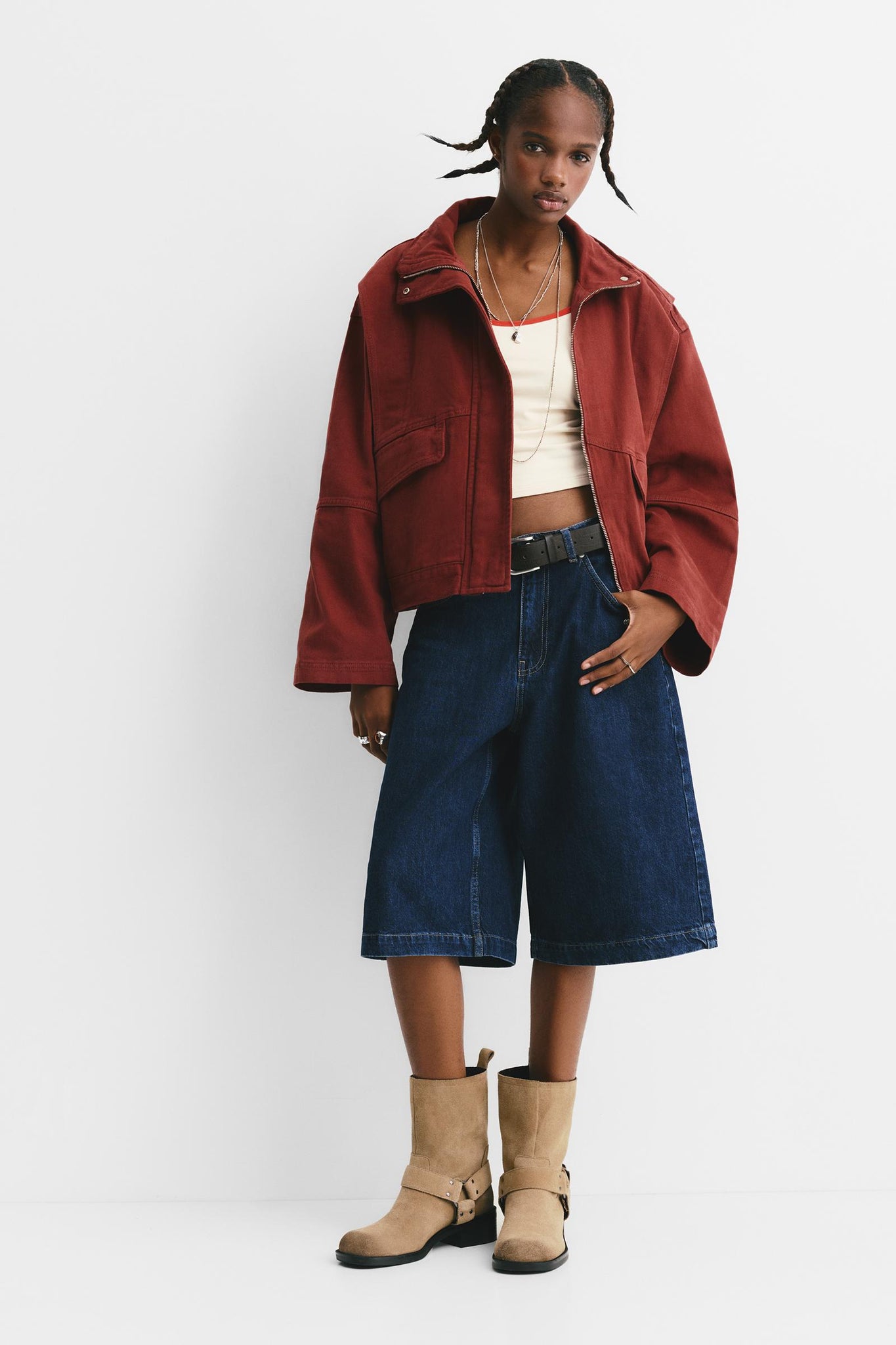 Burgundy High - Neck Cropped Jacket
