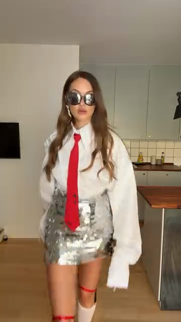 Oversized White Shirt with Red Accents and Sequin Skirt Set