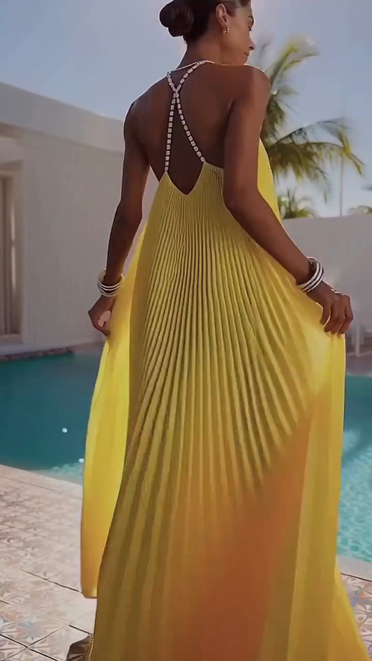 Yellow Pleated Halter Maxi Dress