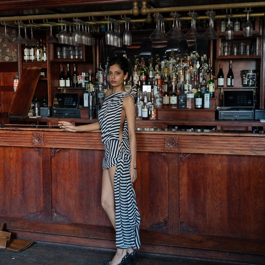 Black and White Striped Asymmetric Mini Dress