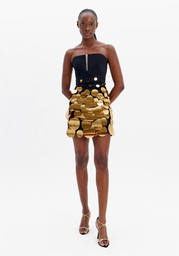 Black Strapless Dress with Gold Disc Embellishments