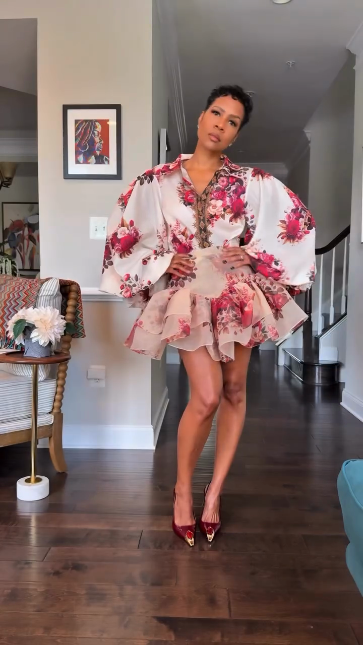 Floral Print Puff - Sleeve Mini Dress