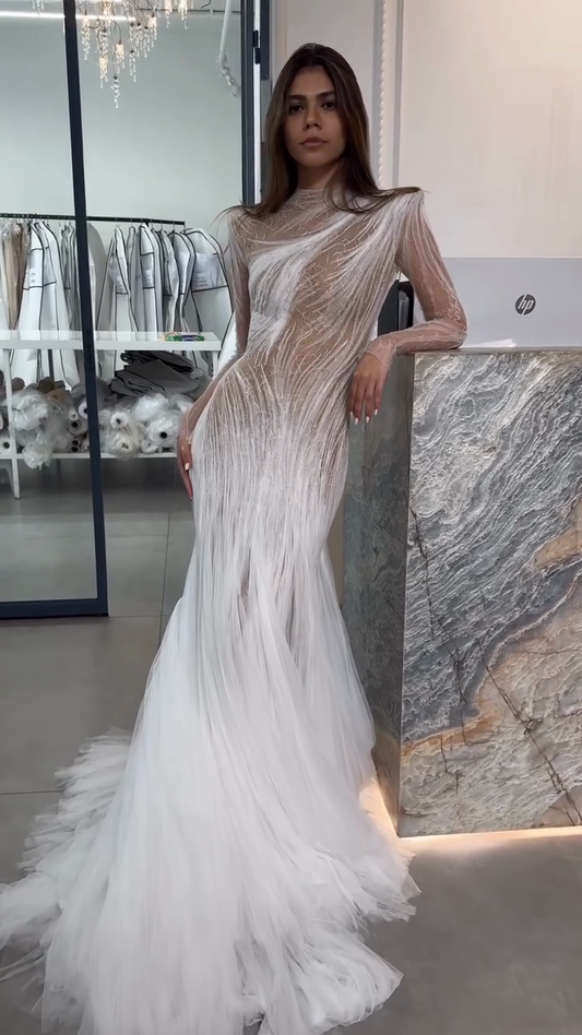 White Sheer Long - Sleeve Mermaid Gown