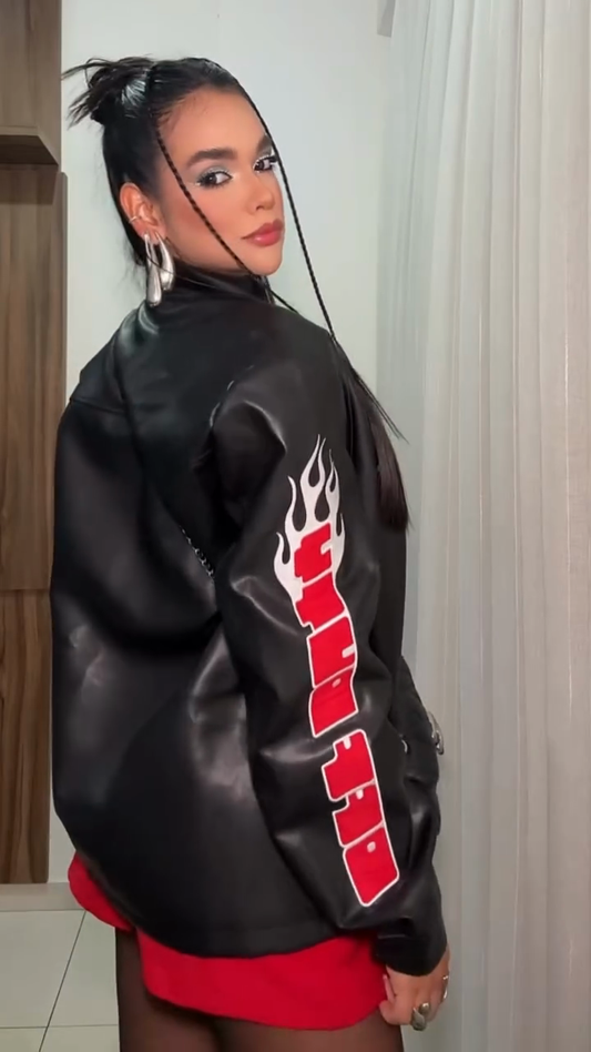 Embroidered Black Leather Bomber Jacket