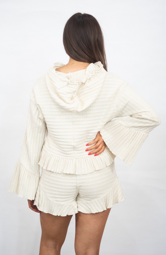 Cream - colored Textured Knit Hoodie and Shorts Set